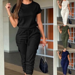 Diyun Cross-border Women's Clothing Spring/Summer 2025 Amazon European and American Casual workwear short-sleeved tapered lace-up one-piece pants