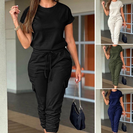 Diyun Cross-border Women's Clothing Spring/Summer 2025 Amazon European and American Casual workwear short-sleeved tapered lace-up one-piece pants Diyun Cross-border Women's Clothing Spring/Summer 2025 Amazon European and American Casual workwear short-sleeved tapered lace-up one-piece pants