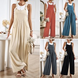 Diyun European and American cross-border women's clothing Amazon solid color Overalls 2023 Summer Export Loose wide-leg one-piece pants