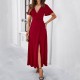 Diyun European and American women's clothing cross-border trade Spring/Summer 2024 Elegant and fitted solid color V-neck slit dress Diyun European and American women's clothing cross-border trade Spring/Summer 2024 Elegant and fitted solid color V-neck slit dress