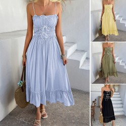 Diyun Cross-border 2025 Spring/Summer A-line dress: European and American casual vacation style lace patchwork high-waisted halter dress for women