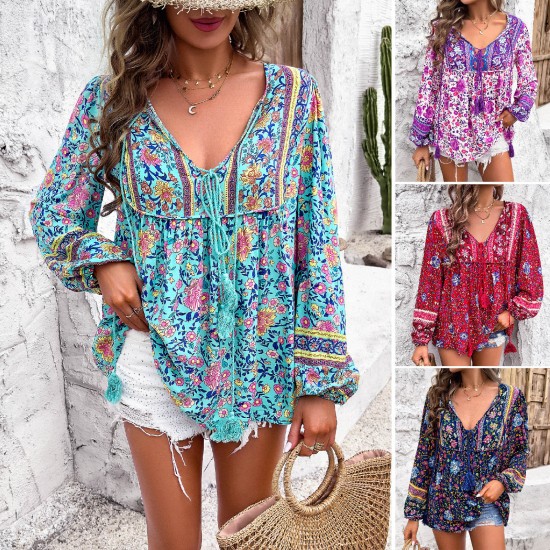 Diyun European and American Women's Clothing Independent Station Cross-border Trade 2025 Spring/Summer Casual Vacation Printed T-shirt Long-sleeved Women's Shirt Diyun European and American Women's Clothing Independent Station Cross-border Trade 2025 Spring/Summer Casual Vacation Printed T-shirt Long-sleeved Women's Shirt