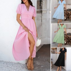 Di Yun's Spring/Summer 2025 Amazon European and American casual commuting vacation style V-neck high-waisted short-sleeved slit dress for women