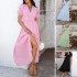 Di Yun's Spring/Summer 2025 Amazon European and American casual commuting vacation style V-neck high-waisted short-sleeved slit dress for women