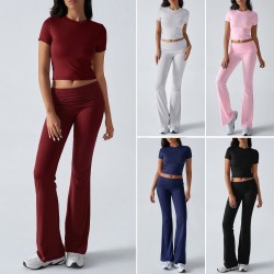 Diyun Cross-border European and American women's Clothing Amazon Spring/Summer 2025 Export Casual Solid Color Slimming Short-sleeved long Pants Set
