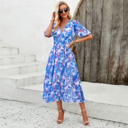 Diyun's European and American dress women's Amazon Spring/Summer 2024 vacation print waist-waist V-neck chiffon short-sleeved long dress