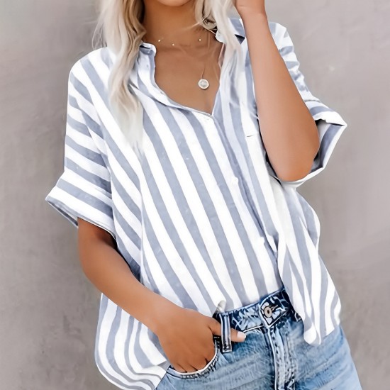 Diyun Cross-border European and American 2025 Spring/Summer Casual Commuting Printed striped contrasting color Short-sleeved cardigan shirt Top Women's clothing Diyun Cross-border European and American 2025 Spring/Summer Casual Commuting Printed striped contrasting color Short-sleeved cardigan shirt Top Women's clothing
