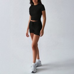 Diyun Cross-border European and American yoga sporty Style solid color short-sleeved belt and short pants women's set for Spring/Summer 2025 Amazon