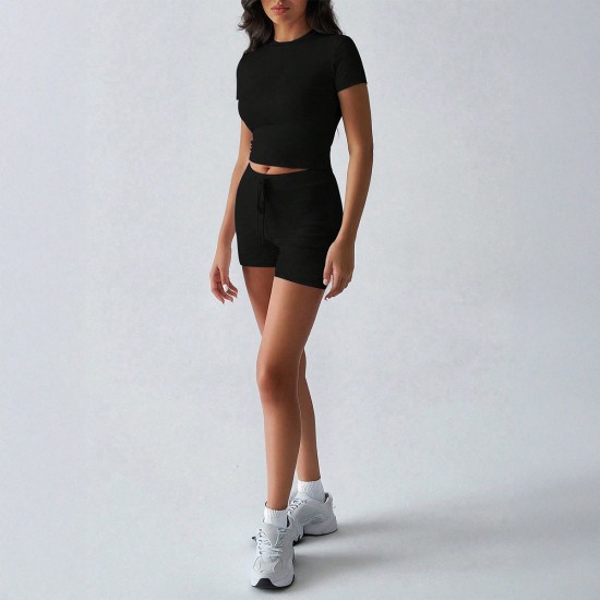 Diyun Cross-border European and American yoga sporty Style solid color short-sleeved belt and short pants women's set for Spring/Summer 2025 Amazon Diyun Cross-border European and American yoga sporty Style solid color short-sleeved belt and short pants women's set for Spring/Summer 2025 Amazon