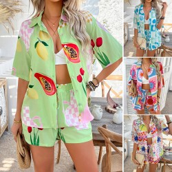 Diyun 2025 Spring/Summer Cross-border Women's Wear, European and American Bohemian casual vacation style, color-blocking printed short pants set