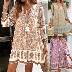 Diyun European and American Cross-border 2025 Spring/Summer Casual Bohemian vacation-style Cotton printed V-neck dress for children