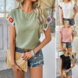 Di Yun 2025 Spring/Summer Cross-border European and American Style Casual Color contrast vacation polka dot embroidery short-sleeved top shirt women's clothing