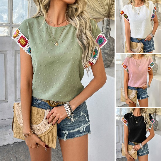 Di Yun 2025 Spring/Summer Cross-border European and American Style Casual Color contrast vacation polka dot embroidery short-sleeved top shirt women's clothing Di Yun 2025 Spring/Summer Cross-border European and American Style Casual Color contrast vacation polka dot embroidery short-sleeved top shirt women's clothing