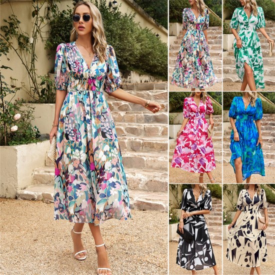 Diyun designed a cross-border Amazon dress for Europe and America in the summer of 2025, featuring a chic, waist-cinched, deep V-neck and printed long dress Diyun designed a cross-border Amazon dress for Europe and America in the summer of 2025, featuring a chic, waist-cinched, deep V-neck and printed long dress
