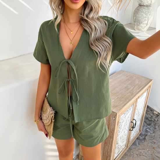 Diyun Cross-border European and American 2025 Spring/Summer Casual Solid Color Vacation Style short-sleeved lace-up top Short Pants Set Women's clothing Diyun Cross-border European and American 2025 Spring/Summer Casual Solid Color Vacation Style short-sleeved lace-up top Short Pants Set Women's clothing