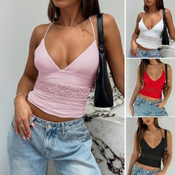 Diyun Cross-border Trade 2025 Spring/Summer European and American Sexy Hot Girl Y2K Lace patchwork cutout halter top