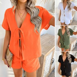 Diyun Cross-border European and American 2025 Spring/Summer Casual Solid Color Vacation Style short-sleeved lace-up top Short Pants Set Women's clothing