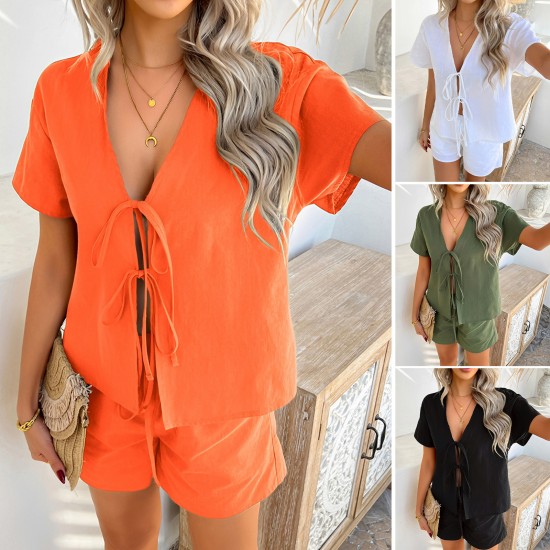 Diyun Cross-border European and American 2025 Spring/Summer Casual Solid Color Vacation Style short-sleeved lace-up top Short Pants Set Women's clothing Diyun Cross-border European and American 2025 Spring/Summer Casual Solid Color Vacation Style short-sleeved lace-up top Short Pants Set Women's clothing