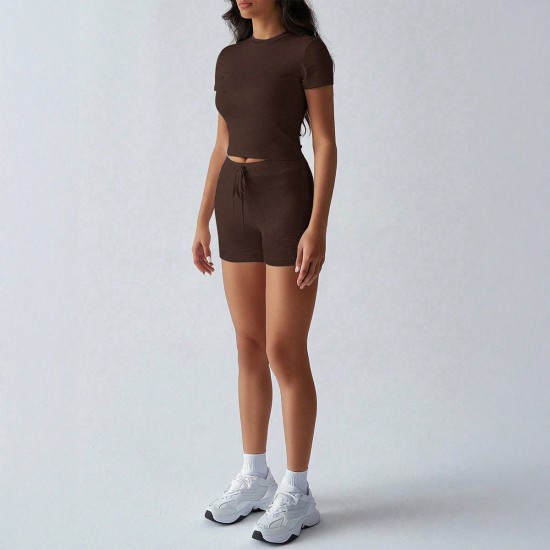 Diyun Cross-border European and American yoga sporty Style solid color short-sleeved belt and short pants women's set for Spring/Summer 2025 Amazon Diyun Cross-border European and American yoga sporty Style solid color short-sleeved belt and short pants women's set for Spring/Summer 2025 Amazon