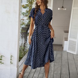 Diyun 2025 Spring/Summer Cross-border European and American Style Casual Vacation Trend Point Printed high-waisted lace-up Dress women's clothing