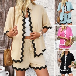 Diyun Cross-border Foreign Trade Women's Clothing Amazon Spring/Summer 2024 Casual Vacation Style Solid Color lace Shirt and Shorts Set