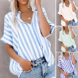 Diyun Cross-border European and American 2025 Spring/Summer Casual Commuting Printed striped contrasting color Short-sleeved cardigan shirt Top Women's clothing