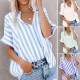 Diyun Cross-border European and American 2025 Spring/Summer Casual Commuting Printed striped contrasting color Short-sleeved cardigan shirt Top Women's clothing Diyun Cross-border European and American 2025 Spring/Summer Casual Commuting Printed striped contrasting color Short-sleeved cardigan shirt Top Women's clothing