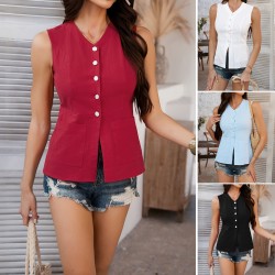 Di Yun 2025 Spring/Summer Cross-border European and American casual and versatile vacation style button-down cardigan solid color sleeveless top vest for women