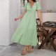 Di Yun's Spring/Summer 2025 Amazon European and American casual commuting vacation style V-neck high-waisted short-sleeved slit dress for women Di Yun's Spring/Summer 2025 Amazon European and American casual commuting vacation style V-neck high-waisted short-sleeved slit dress for women