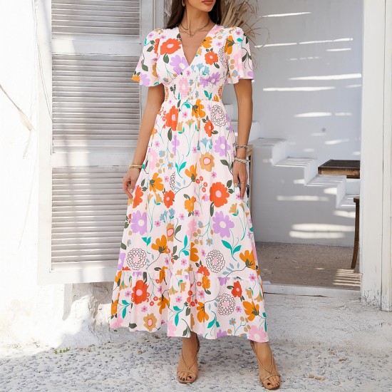 Diyun's Spring/Summer 2025 Cross-border casual Pomixia vacation style printed color-blocking V-neck high-waisted short-sleeved dress Diyun's Spring/Summer 2025 Cross-border casual Pomixia vacation style printed color-blocking V-neck high-waisted short-sleeved dress