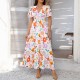 Diyun's Spring/Summer 2025 Cross-border casual Pomixia vacation style printed color-blocking V-neck high-waisted short-sleeved dress Diyun's Spring/Summer 2025 Cross-border casual Pomixia vacation style printed color-blocking V-neck high-waisted short-sleeved dress