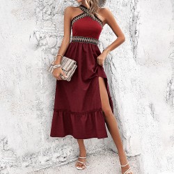 Diyun's European and American cross-border 2025 Spring/Summer stylish high-waisted, elegant cinched-waist, halter-neck, color-blocking slit dress for children