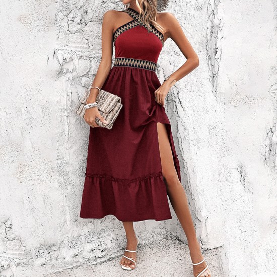 Diyun's European and American cross-border 2025 Spring/Summer stylish high-waisted, elegant cinched-waist, halter-neck, color-blocking slit dress for children