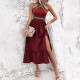 Diyun's European and American cross-border 2025 Spring/Summer stylish high-waisted, elegant cinched-waist, halter-neck, color-blocking slit dress for children
