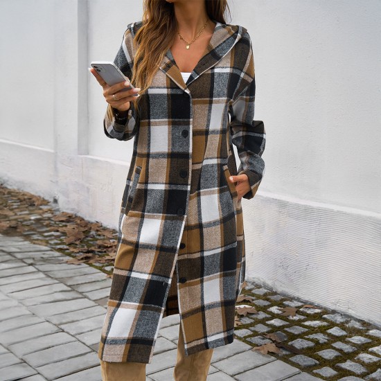Diyun Cross-border Trade Amazon Europe and America 2024 Autumn/Winter Women's Casual Loose, color-blocking button-down hooded jacket Diyun Cross-border Trade Amazon Europe and America 2024 Autumn/Winter Women's Casual Loose, color-blocking button-down hooded jacket
