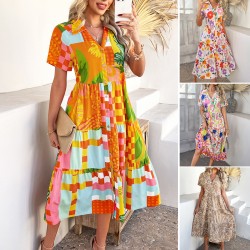 Diyun Cross-border European and American 2025 Spring/Summer Casual Bohemian Vacation High-waisted geometric color-blocking dress for children