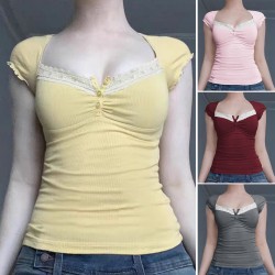 Di Yun's Spring/Summer 2025 Amazon Cross-border European and American Y2K Sexy Slimming Knitted lace short-sleeved top Women's T-shirt
