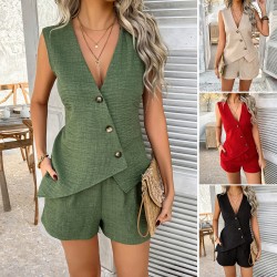Di Yun 2025 Spring/Summer Cross-border European and American Casual Solid color vacation style button-down cardigan, vest and short pants set women's clothing