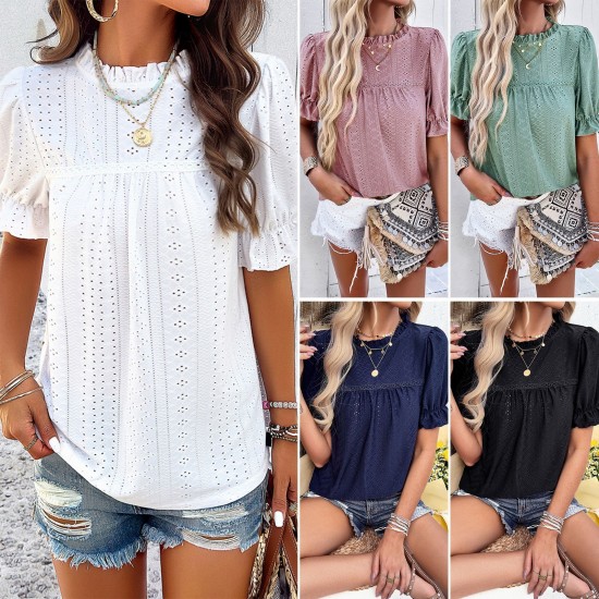 Diyun European and American women's T-shirt Amazon Spring/Summer 2024 Export Casual Solid Color short-sleeved cutout top Diyun European and American women's T-shirt Amazon Spring/Summer 2024 Export Casual Solid Color short-sleeved cutout top