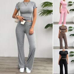 Diyun Cross-border Foreign Trade Women's Clothing Amazon Spring/Summer 2024 Casual Solid Color Slim Short-sleeved and long Pants Set
