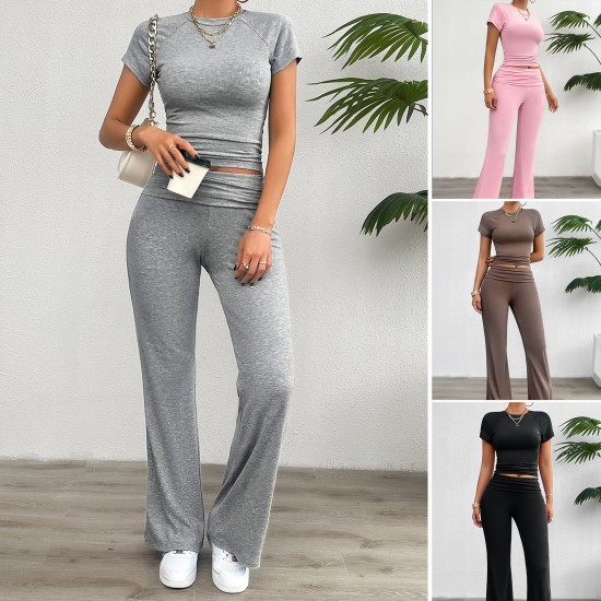 Diyun Cross-border Foreign Trade Women's Clothing Amazon Spring/Summer 2024 Casual Solid Color Slim Short-sleeved and long Pants Set Diyun Cross-border Foreign Trade Women's Clothing Amazon Spring/Summer 2024 Casual Solid Color Slim Short-sleeved and long Pants Set