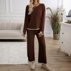 Diyun Cross-border Women's Clothing Set for Amazon 2024, a casual and elegant solid-color knitted long-sleeved woolen coat and pants set