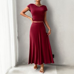 Diyun's European and American cross-border Amazon 2024 Spring/Summer short-sleeved women's wear, elegant and form-fitting solid color short-sleeved dress set