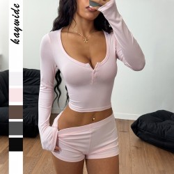Diyun's European and American sporty hot girl style long-sleeved button T-shirt and shorts two-piece women's set for summer 2025 on Amazon