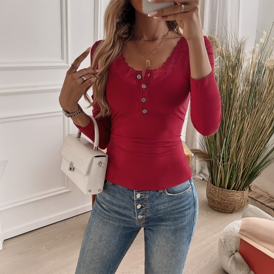 Diyun European and American 2025 New Amazon Women's Wear Y2K stylish threaded button lace U-neck knitted long-sleeved top Diyun European and American 2025 New Amazon Women's Wear Y2K stylish threaded button lace U-neck knitted long-sleeved top