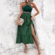 Diyun's European and American cross-border 2025 Spring/Summer stylish high-waisted, elegant cinched-waist, halter-neck, color-blocking slit dress for children