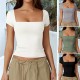 Diyun European and American Amazon Cross-border 2024 Spring/Summer Foreign Trade T-shirt Women's Casual square-neck solid Color short-sleeved women Diyun European and American Amazon Cross-border 2024 Spring/Summer Foreign Trade T-shirt Women's Casual square-neck solid Color short-sleeved women