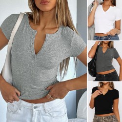 Di Yun 2025 Spring/Summer Cross-border European and American Y2K sexy ribbed slimming V-neck solid color knitted short-sleeved top T-shirt for women