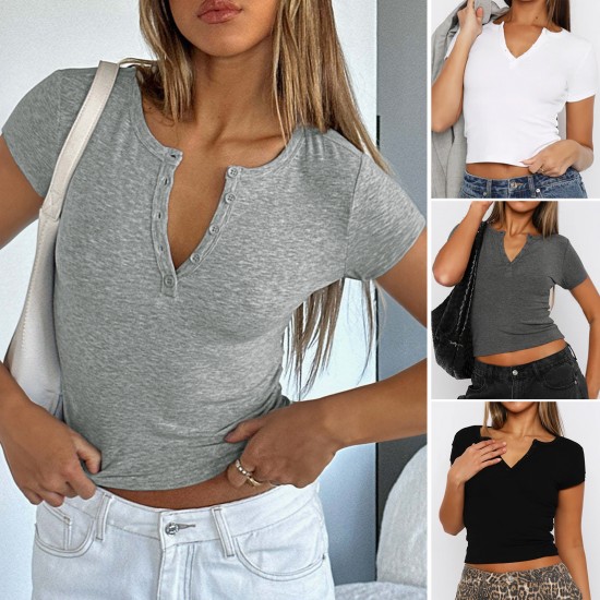 Di Yun 2025 Spring/Summer Cross-border European and American Y2K sexy ribbed slimming V-neck solid color knitted short-sleeved top T-shirt for women Di Yun 2025 Spring/Summer Cross-border European and American Y2K sexy ribbed slimming V-neck solid color knitted short-sleeved top T-shirt for women