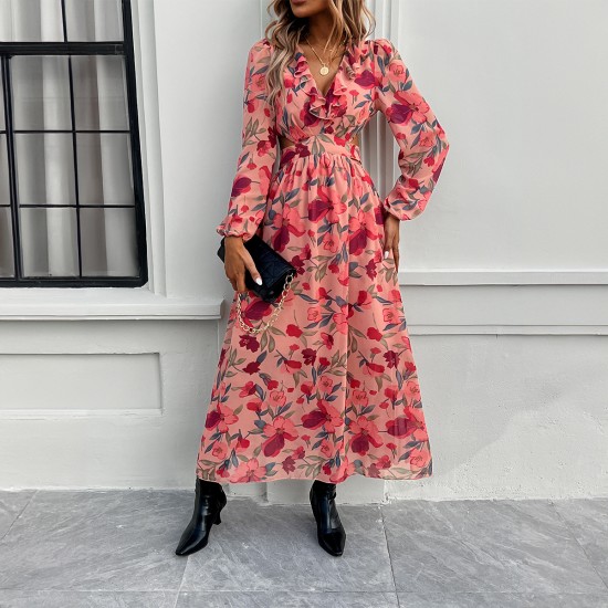 Diyun Cross-border European and American women's clothing Amazon Spring/Summer 2025 Foreign Trade vacation Casual color-blocking printed V-neck dress Diyun Cross-border European and American women's clothing Amazon Spring/Summer 2025 Foreign Trade vacation Casual color-blocking printed V-neck dress